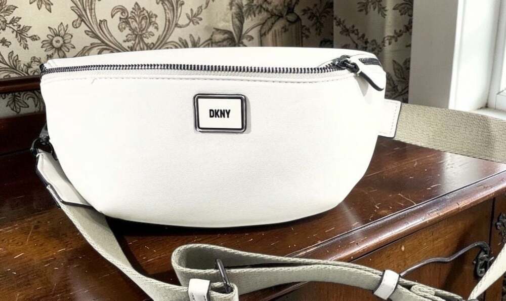 DKNY Astrid White Sling Crossbody Belt Bag with Removable Pouch and Chain